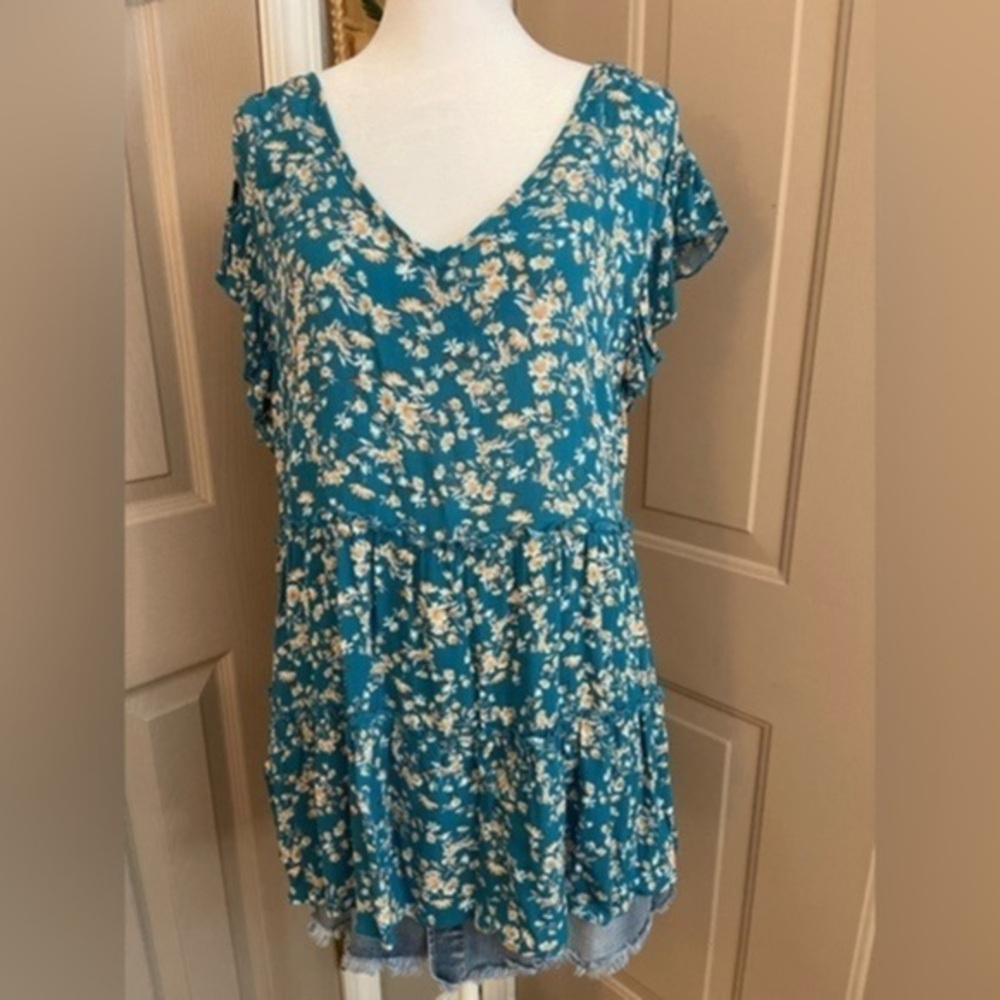 Belle du Jour Algiers blue floral tiered rayon babydoll tunic top Size L NWT